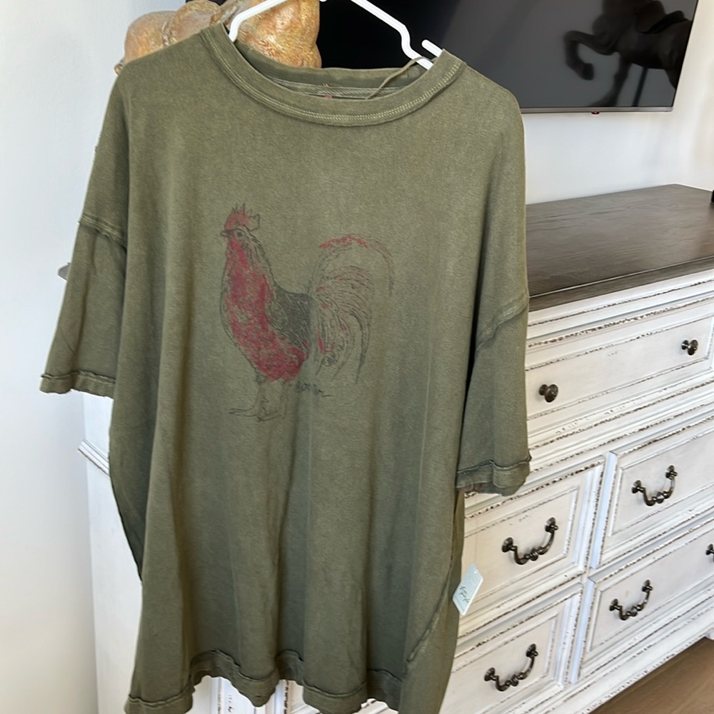 We The Free Olive Green Short Sleeve Tee with Red Rooster Graphic